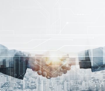 Business partners handshake global corporate with technology con Business partners handshake global corporate with technology concept