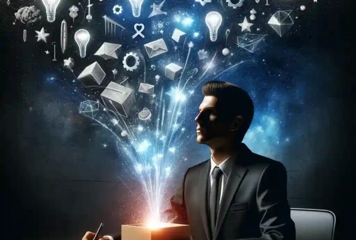 DALL_E 2024-03-21 04.23.41 - A detailed and exclusive image of a person sitting at a desk, wearing a formal black suit, embodying the concept of 'Thinking Outside the Box.' The in (1)