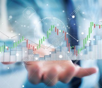 Businessman on blurred background using digital 3D rendered stock exchange stats and charts