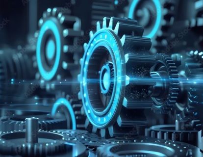 Digital Gearworks_ Interconnected Cogs of Modern Technology Stock Illustration Digital Gearworks_ Interconnected Cogs of Modern Technology Stock Illustration