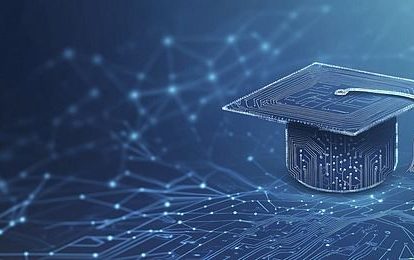 AI technology education background with circuit board and graduation hat on a blue gradient, blue theme color palette, tech web banner design concept for an online school or digital learning site.